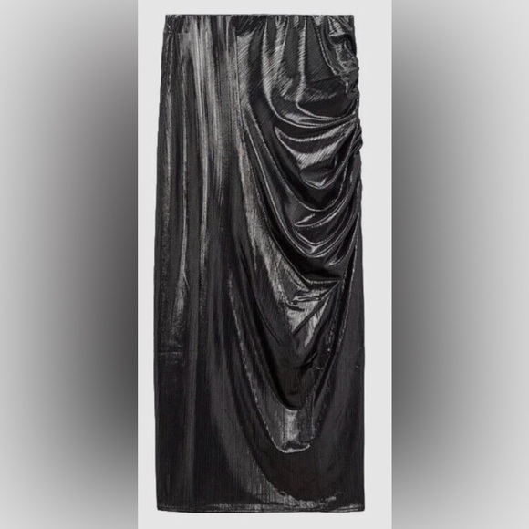 ZARA metallic ruched slit back midi skirt black shiny size small - Picture 2 of 9